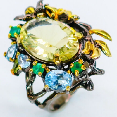 Серебряное кольцо с лимонным кварцем и топазом натуральным арт 28851